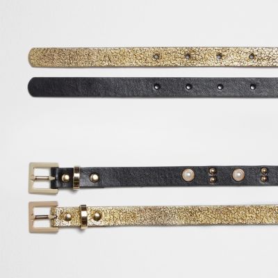 Black and gold skinny belt two pack